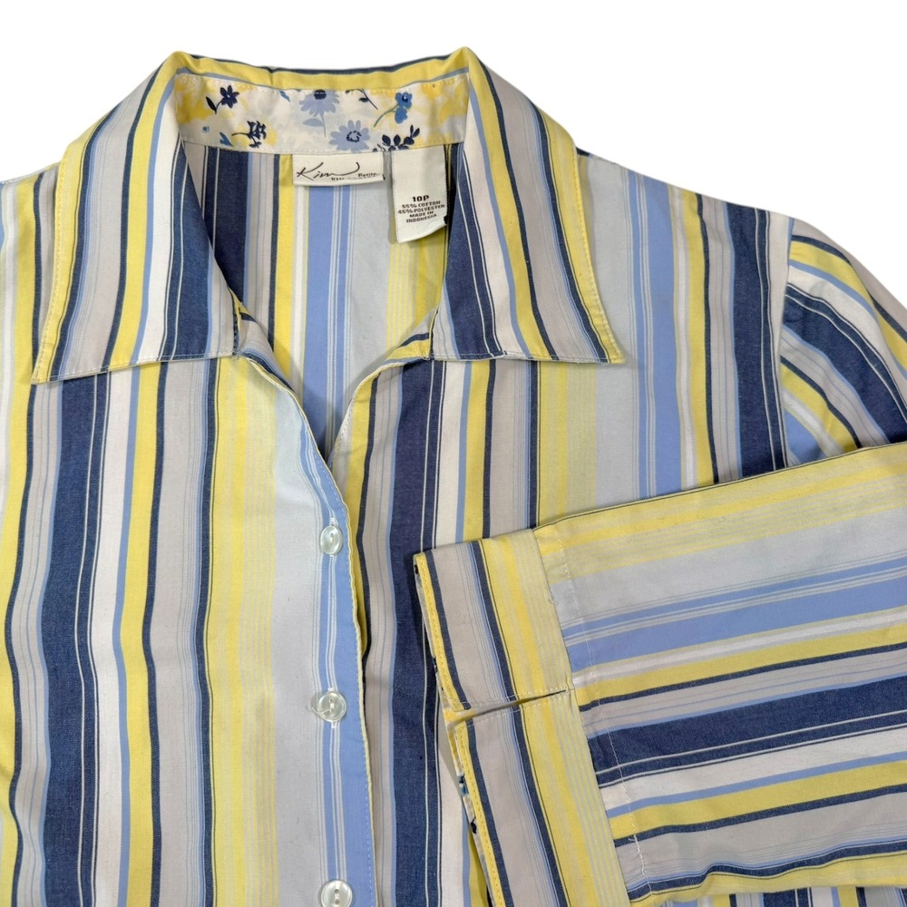 Kim Rogers 10P Blue Yellow Striped Button Down 3/4 Sleeve Shirt Coastal Preppy